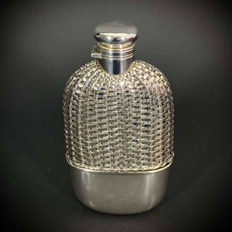 Sterling silver basket weave hip flask by Gorham