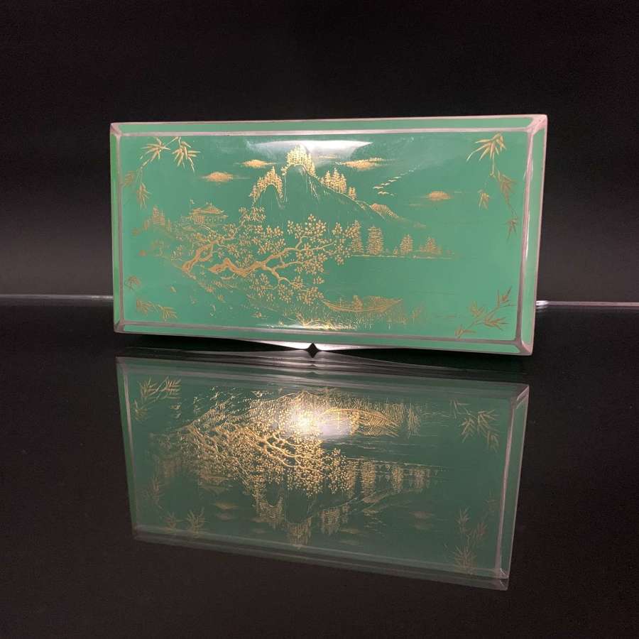 An Art Deco sterling silver, enamel & gold Chinoiserie cigar box.