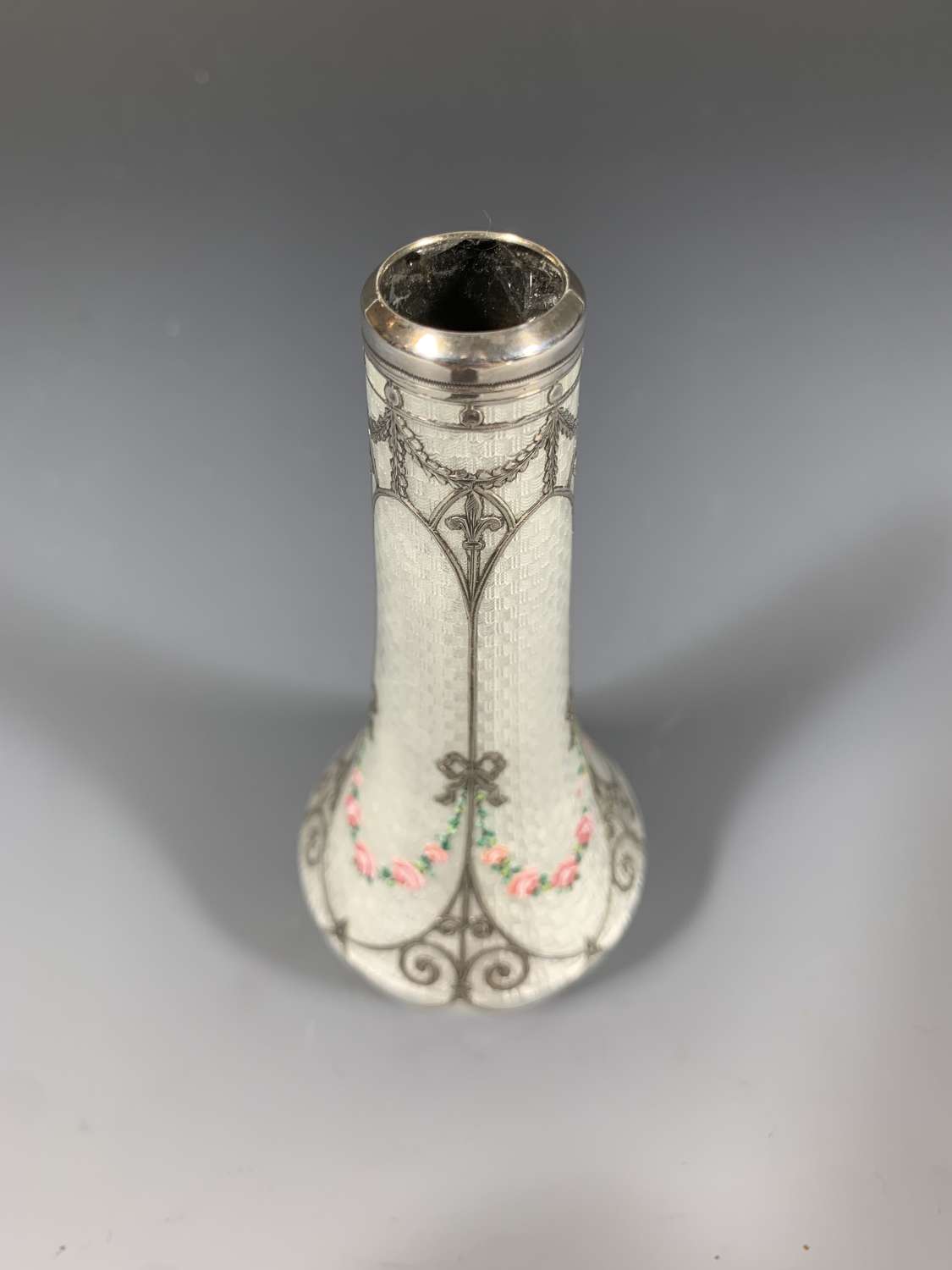 A 935 silver and guilloche enamel bud vase circa 1910